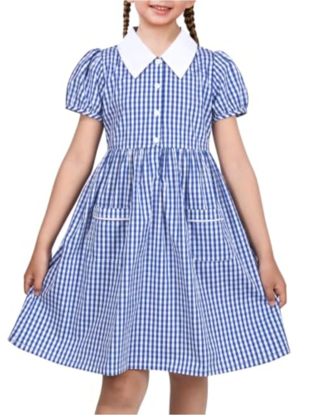 Girls Cotton Button Front Peter Pan Collar Dress with Pockets School Uniform